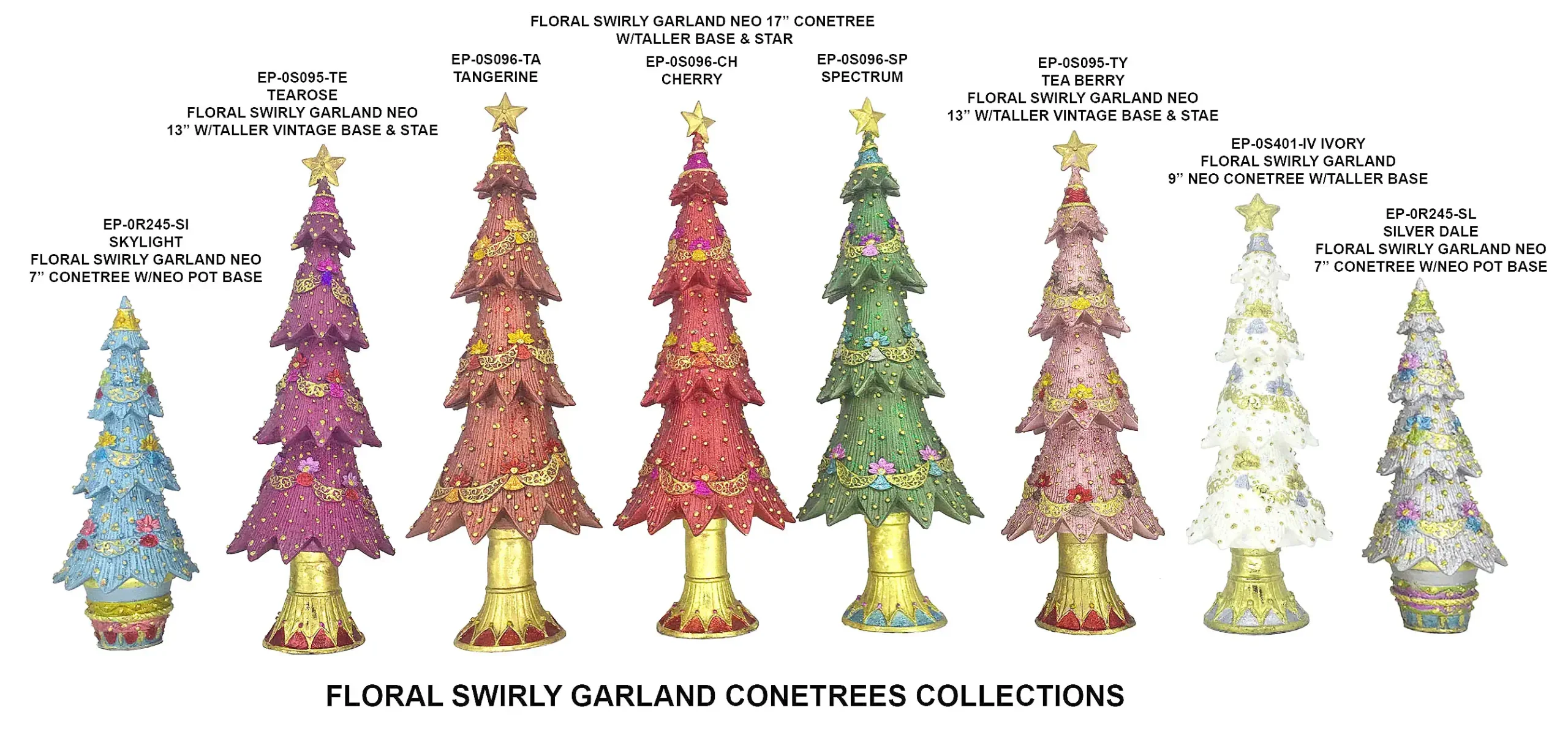 2025 Christmasworld7"- 17" Floral Swirly Garland Cone Trees 2025 Collection